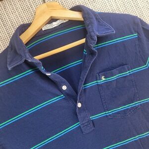CRIQUET Mens L Polo Shirt Blue Green Striped Organic Cotton‎ Austin TX